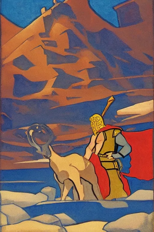 Prompt: thor with hummer, marvel, artwork by nicholas roerich,