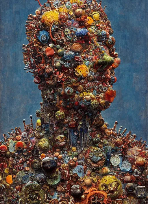 Image similar to a sculpture portrait made of bacteria and virus and molecules and atoms, painting part by wojciech siudmak, part by ilya repin, part by max ernst, part by norman rockwell, artstation