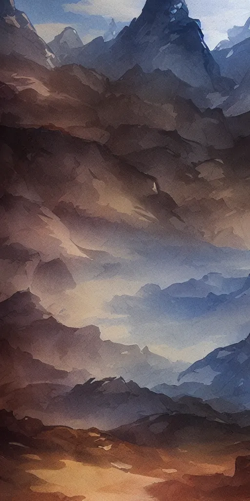 Image similar to mountian, color ink wash by award - winning concept artist. backlighting, chiaroscuro, field of depth.