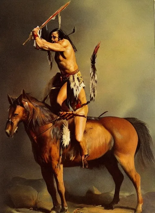 Image similar to powerful native american warrior!! beautiful native american sitting on horse, nineteenth century, painted by frazetta