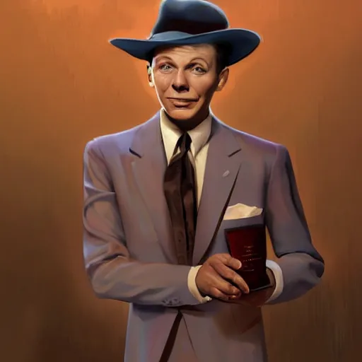 Image similar to perfect composition, subdued color palette, award-winning concept art, detailed digital painting, airbrushed, low contrast: costume design for young Frank Sinatra as a poor 1950s bartender. Volumetric cinematic lighting, great attention to perfect anatomy, special attention to posing, great attention to realistic facial expression, faithful cinematic color scheme, perfectly coherent. In the style of: Greg Rutkowski, Francis Bacon, Syd Mead, Norman Rockwell, Beksinski, Edward Hopper, James Gilleard, Ilya Kuyshinov, WLOP, Stanley Artgerm, Takato Yamamoto, and James Jean.