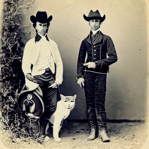 Prompt: cowboys and their cats, 1 8 0 0 s, photograph