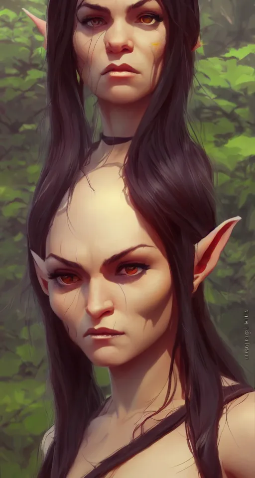 Prompt: half orc half elf woman, beautiful face and small orc tusks, standing in the savannah, by ilya kuvshinov, krenz cushart, Greg Rutkowski, trending on pixiv