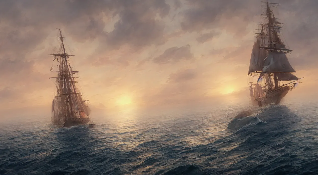 Prompt: hyper realistic detailed matte painting of one fregata ship sailing towards the rising sun, beautiful calm weather, calm foggy ocean, sunset lighting, hyperdetailed unreal engine 8 k ultra hd, stanley artgerm lau, rossdraws, james jean marc simonetti ruan jia and mandy jurgens and artgerm and william illustration, digital art, concept art