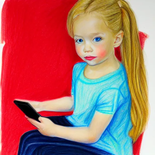 Image similar to 3 year old blonde girl with iphone, colored pencil on white background by eloise wilkin