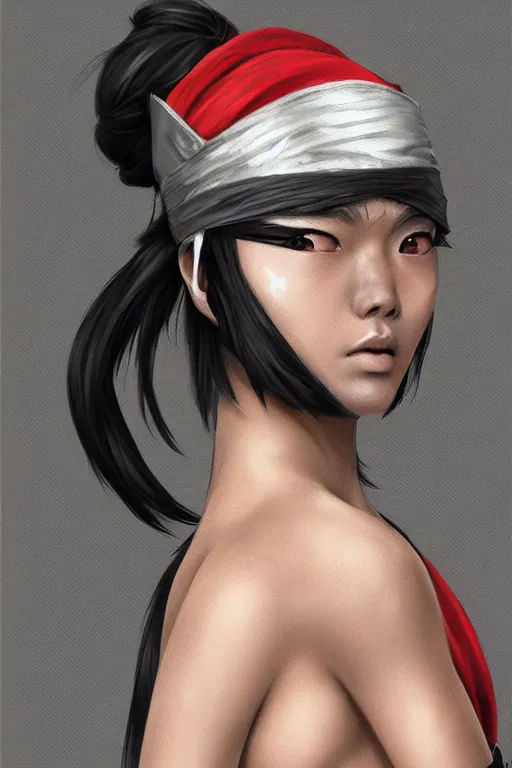 Image similar to native japanese young woman dressed like shinobi ninja, focused stare, partially masked, highly detailed, photorealistic render, digital painting, trending on artstation, character design, overcast weather