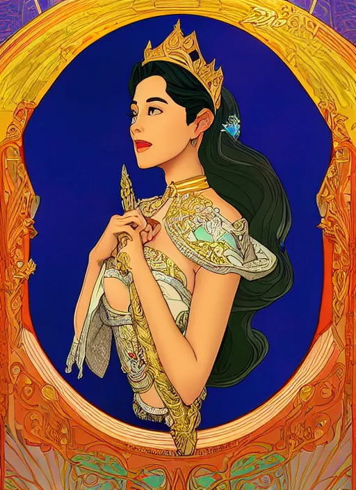 Image similar to well - lit art nouveau portrait of queen sirikrit of thailand, natural lighting, path traced, highly detailed, high quality, photorealistic, cartoon, digital painting, by don bluth and ross tran and studio ghibli and alphonse mucha