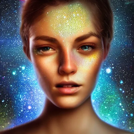 Image similar to woman portrait made out of galaxies, highly detailed, beautiful, realistic, epic comic book art, improbable, octane render