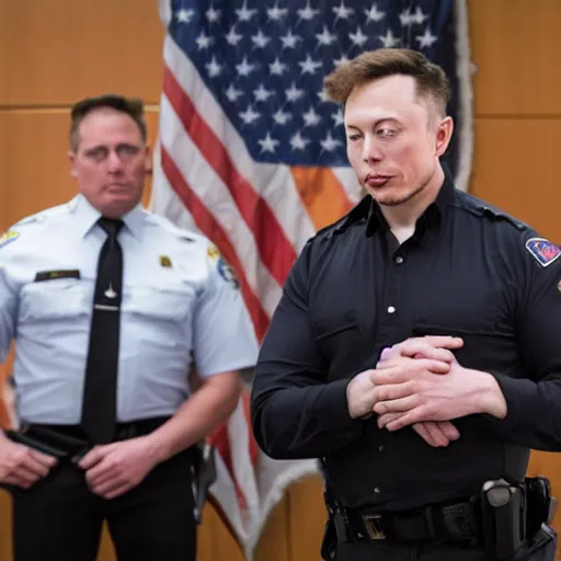 Prompt: photo of the FBI interrogating Elon Musk handcuffed