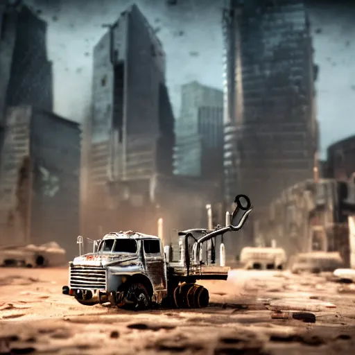 Image similar to 3 5 mm photo of steel terminator truck like hot wheels model with a post apocalyptic city as background, epic cinematic, epic lighting