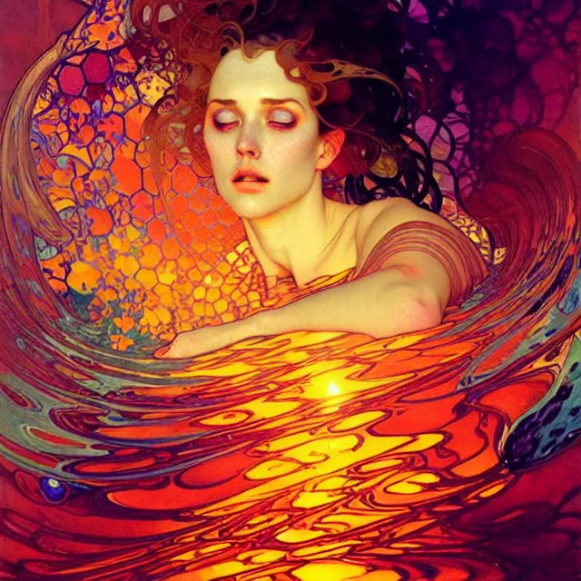 Image similar to mind bending ocean waves of glossy psychedelic liquid honey drops flowing like kaleidoscopic translucent amber, lsd waves, lsd ripples, crystal clear, backlit, sunset, refracted lighting, art by collier, albert aublet, krenz cushart, artem demura, alphonse mucha