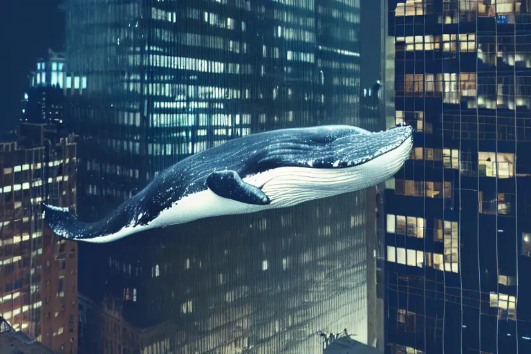 Image similar to whale flying over a building at night time, wearing fashion clothing, id magazine, hyperrealism, detailed textures, photorealistic, newyork city, ultra realistic, cinematic, intricate, cinematic light, unreal engine 5, octane render, david kostic, artgerm