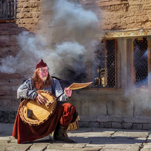 Image similar to a medieval bard singing in a wooden stage in the middle of an old wooden town with his hurdy - gurdy. smoke explosion around him. mid day light. medieval market fest.