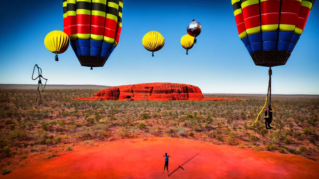 Image similar to large colorful futuristic space age metallic steampunk balloons with pipework and electrical wiring around the outside, and people on rope swings underneath, flying high over the beautiful ayers rock in australia city landscape, professional photography, 8 0 mm telephoto lens, realistic, detailed, photorealistic, photojournalism