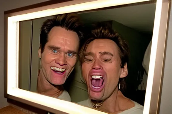 Image similar to jim carrey making a silly face in front of the bathroom mirror