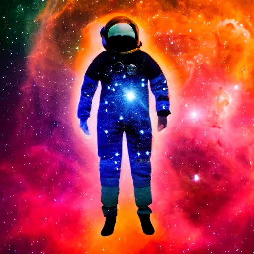 Image similar to modern double exposure monochrome spacesuit over a brilliant iridescent nebula. orange, pink, purple color ombre.