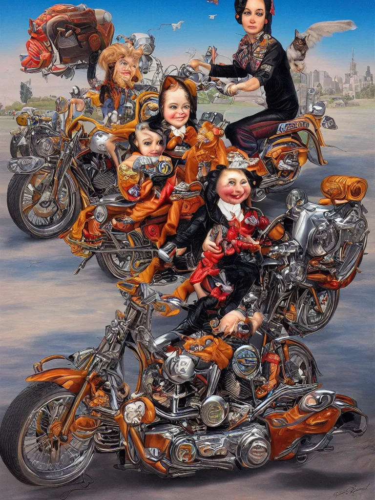 Image similar to a cat portrait riding Harley Davidson Mark Ryden and Alex Gross, Todd Schorr highly detailed