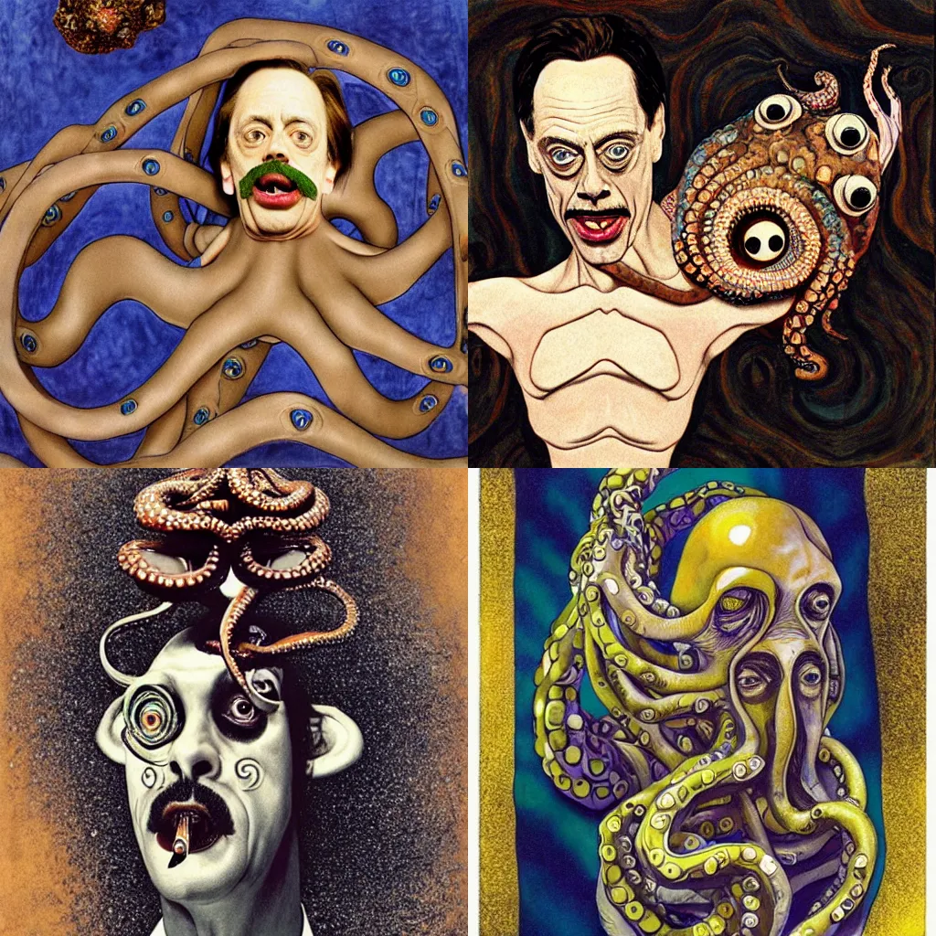 Prompt: Steve Buscemi reimagined as an octopus in the style of dali,klimt,escher,kubrick,watercore