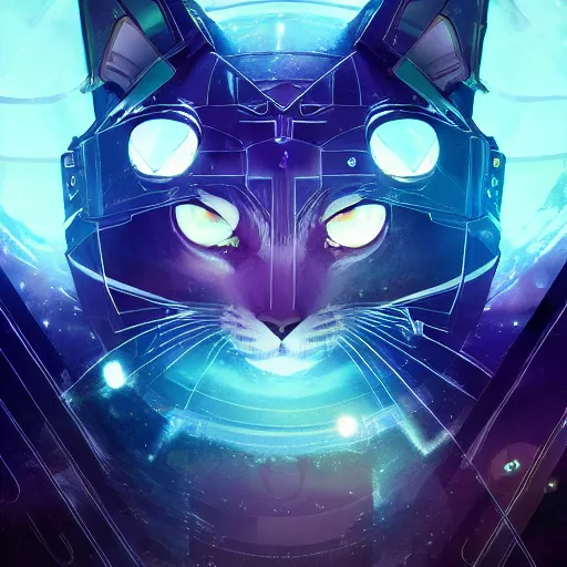 Image similar to an end of the universe will become a beginning for a new world of cyber cats, artstation hq, dark phantasy, stylized, symmetry, modeled lighting, detailed, expressive, retro futurism