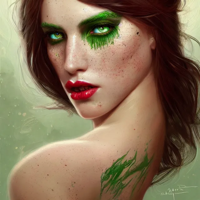 Prompt: portrait of a female face, elf, green eyes, long eyelashes, red plump lips, freckles, long black hair, dark fantasy, intricate, elegant, highly detailed, digital painting, artstation, concept art, smooth, sharp focus, illustration, art by artgerm and greg rutkowski and alphonse mucha, wlop