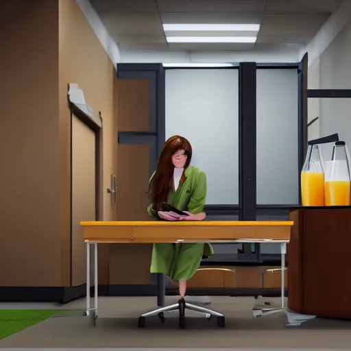 Prompt: a painting of a cute brown haired female doctor with a ponytail, sitting behind a desk in a square green cubicle, sipping juice from an orange juice box, wearing a white coat. Rendered in isometric perspective with unreal engine, 8k resolution, ultra hd.