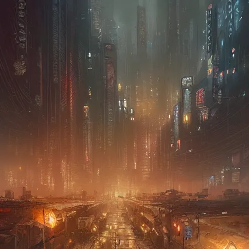 Image similar to A beautiful landscape oil painting of dystopian cyberpunk city by Greg Rutkowski