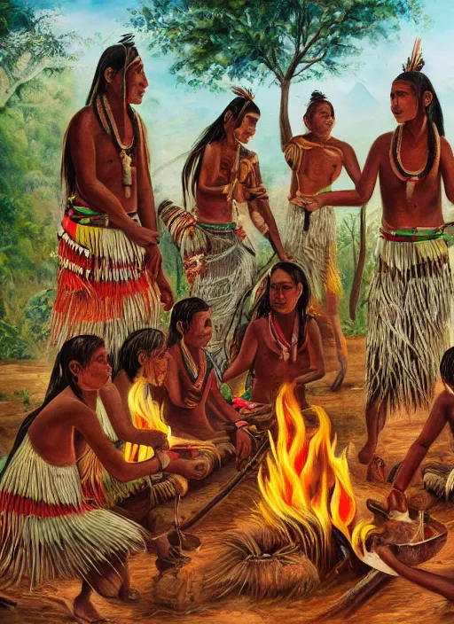 Image similar to a beautiful painting of an indigenous tribe around a fire in the jungle