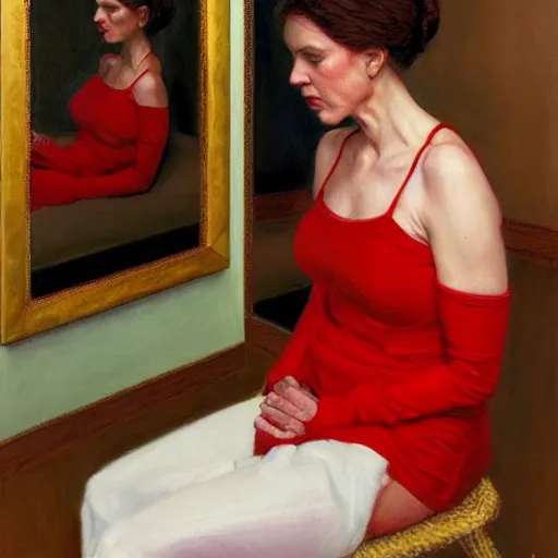 Image similar to woman wearing red, in a white room, by donato giancola.