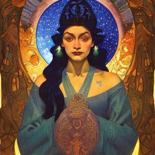 Image similar to queen of the moon with stars in her hair, by nicholas roerich and annie swynnerton and donato giancola and dulac, dramatic lighting, god rays, geometric tattoos, rich colors, smooth sharp focus, extremely detailed, leo and diane dillon, adolf wolfli