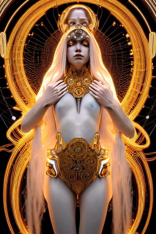 Image similar to symmetrical feminine cyborg goddess rendered in Octane, elegant and ornate futuristic silk robes, held aloft by thousands of glowing wires, glowing white neon eyes, platinum and golden flowing long hair, art by Artgerm and Alphonse Mucha, hyperrealism, full body photorealistic shot, digital render, cinematic lighting ornate jewelry, 8k resolution, masterpiece work