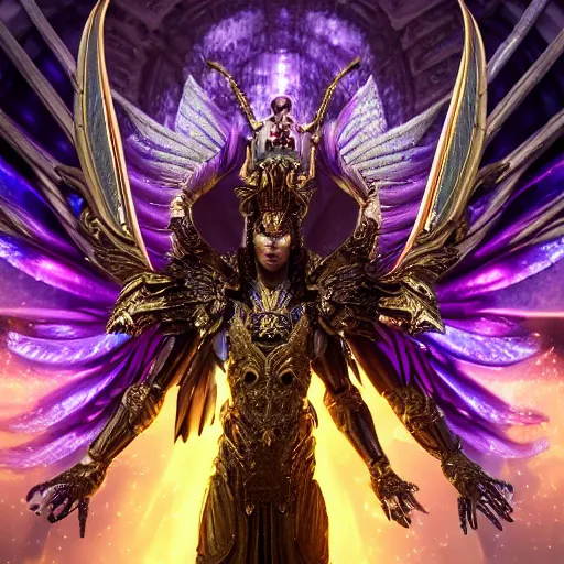 Image similar to a photo of 8k hyper realistic, octane render archangel with white iridescent wings, full body, intricate purple and yellow neon armor, ornate, standing on front of huge megastructure red doors of heaven, with sword of fire, magical atmosphere, cinematic lighting, trending on artstation, 4k, hyperrealistic, focused, high details, unreal engine 5