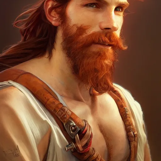 Image similar to portrait of a young ruggedly handsome but optimistic pirate, male, masculine, upper body, red hair, long hair, d & d, fantasy, intricate, elegant, highly detailed, digital painting, artstation, concept art, matte, sharp focus, illustration, art by artgerm and greg rutkowski and alphonse mucha