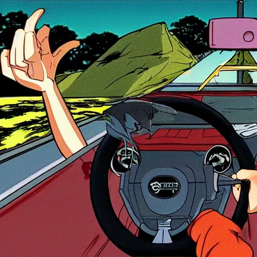 Image similar to scooby doo holding the steering wheel driving inside a nissan pulsar through windy roads in the hills, anime style akira initial d