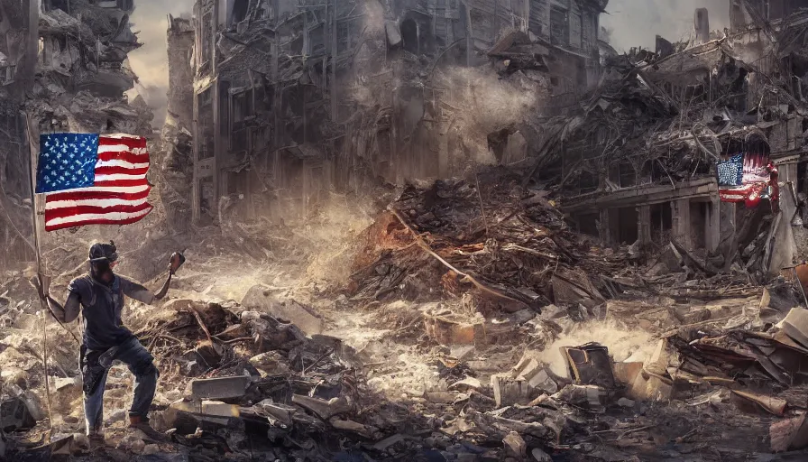 Image similar to destroyed washingon dc, man planting the torn dirty american flag on the ruins of a building, debris, hyperdetailed, artstation, cgsociety, 8 k