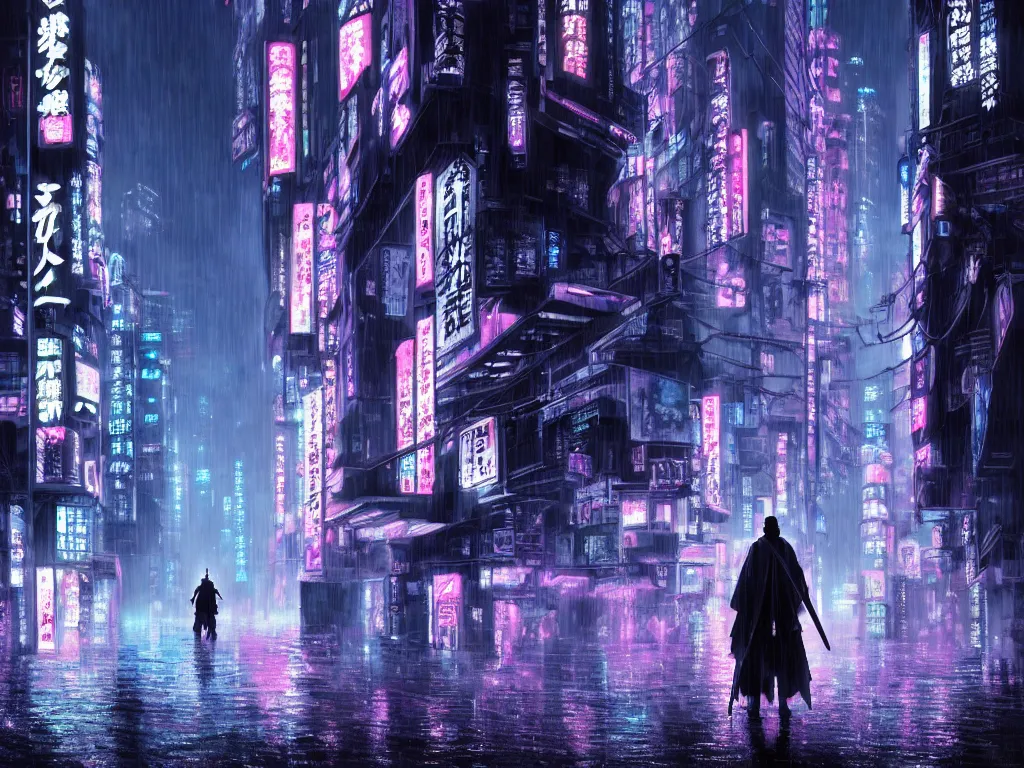 Image similar to high detailed lone samurai in a cyberpunk rainy city at night by Kentaro Miura, purple and pink and blue neons, unreal engine, high quality, 4K, UHD, trending on ArtStation, wires, blade runner vibes, ghost in the shell, akira, dorohedoro