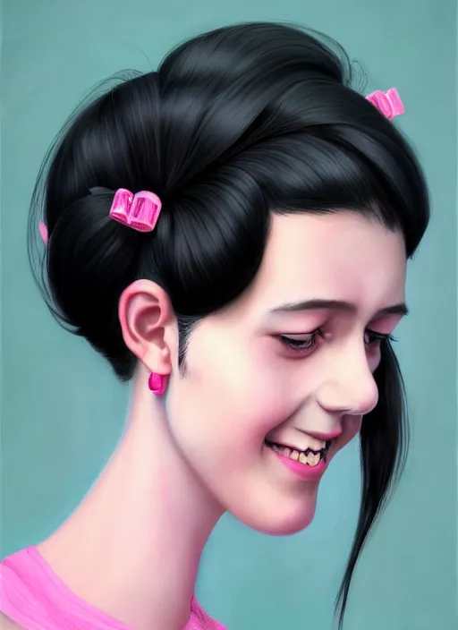 Image similar to portrait of high school girl, realistic, black hair, bangs, half updo hairstyle, pointy nose, skinny, smile, ugly, defined jawline, big chin, pink hair bow, earrings, intricate, elegant, glowing lights, highly detailed, digital painting, artstation, sharp focus, illustration, art by wlop, mars ravelo and greg rutkowski