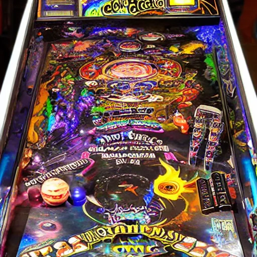 Prompt: full view of a cosmic horror pinball machine, photo