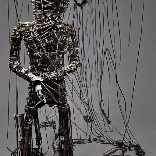 Image similar to clockwork man made of wires and tin, eyes shone bright in the night, bereft of soul and cast without a skin, he shambled and cried a plaintive plight.