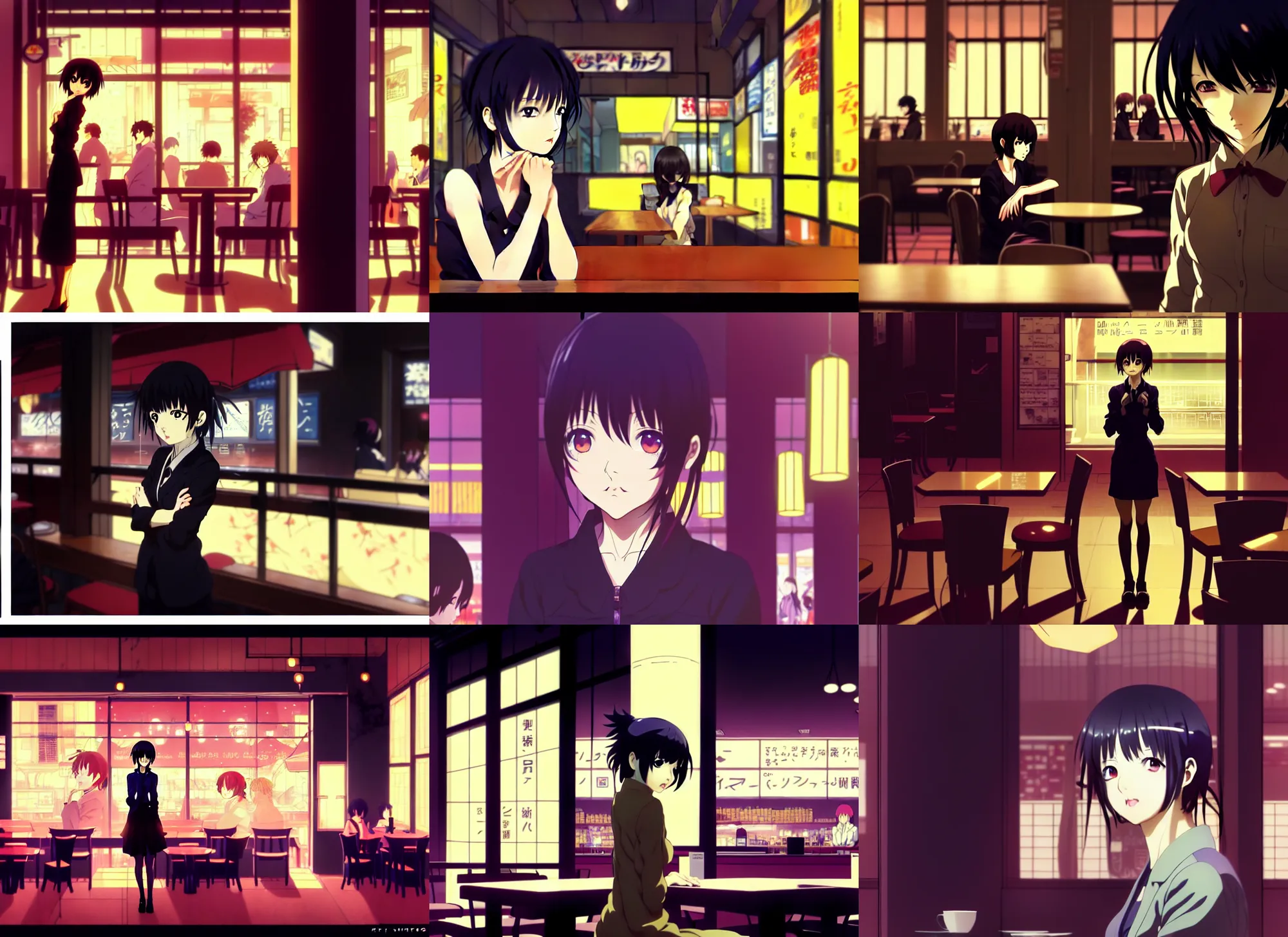 Prompt: anime frames, anime visual, portrait of a young woman visiting a busy cafe interior at night, beautiful face by ilya kuvshinov and, kyoani, psycho pass, gits anime, dynamic pose, dynamic perspective, strong silhouette, anime cels, rounded eyes, natural light, yoshinari yoh, cool tint