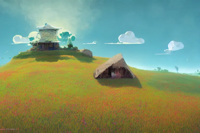 Image similar to surreal glimpse into other universe, floating island in the sky, a hut on a mound, summer morning, very coherent and colorful high contrast, art by gediminas pranckevicius, geof darrow, makoto shinkai, dark shadows, hard lighting