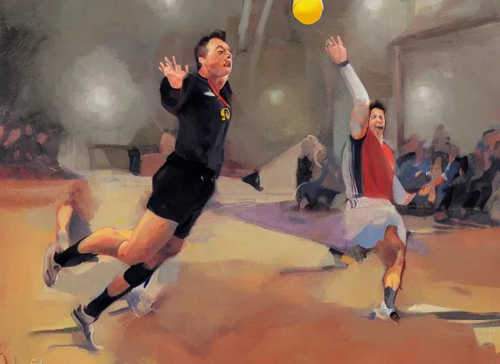 Image similar to a highly detailed beautiful portrait of elon musk playing voleyball, by gregory manchess, james gurney, james jean