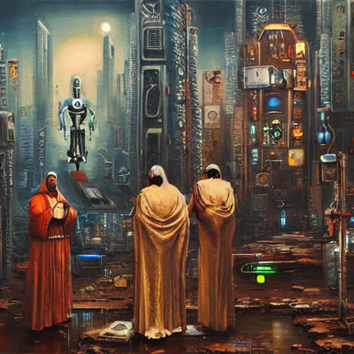 Image similar to beautiful detailed religious oil painting of robotic saints in an urban cyberpunk wasteland