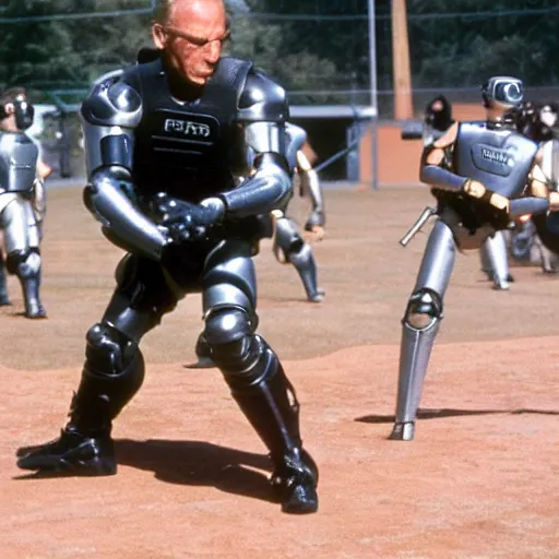 Image similar to award winning photograph of peter weller as robocop, yelling at little league game