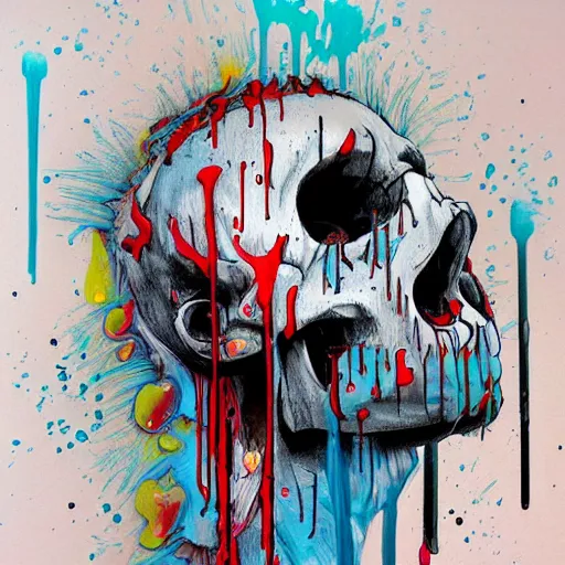 Image similar to drippy, dripping paint, skull, trippy, glitch, miyazaki style, exaggerated accents