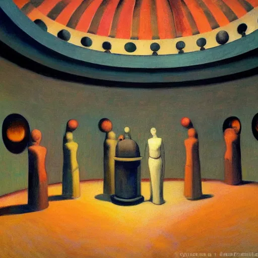 Image similar to three brutalist robotic seers watchers oracles soothsayers inside a dome, pj crook, grant wood, edward hopper, syd mead, oil on canvas