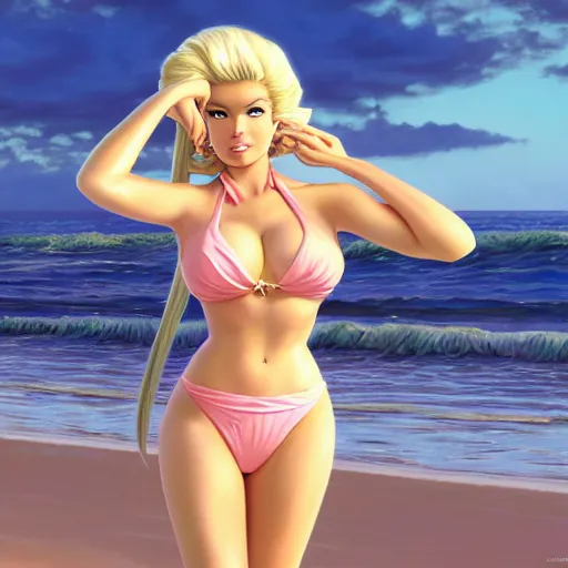 Prompt: a very beautiful anime Jayne Mansfield, full body, long braided curly blonde hair, twisted braids, golden watery eyes, full round face, short smile, pale pink bikini, serene beach setting, cinematic lightning, medium shot, mid-shot, highly detailed, trending on artstation, Cryengine, Raytracing, 4k, cinematic wallpaper by Mort Kunstler, Gil Elvgren, Robert Maguire, Rudolph Belarski, Samson Pollen, Victor Prezio, and Mort Drucker