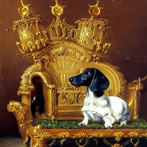 Prompt: Victorian painting of a Dachshund sitting on a golden throne wearing a jewelled crown being fed cooked chicken by an android