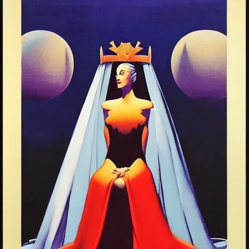 Prompt: an oil painting of a queen in a thierry mugler dress sitting on a throne, by bruce pennington, by eyvind earle, nicholas roerich, by frank frazetta, by georgia o keeffe, by dean cornwell, eerie, ominous, baghdad, oriental, desaturated, anime