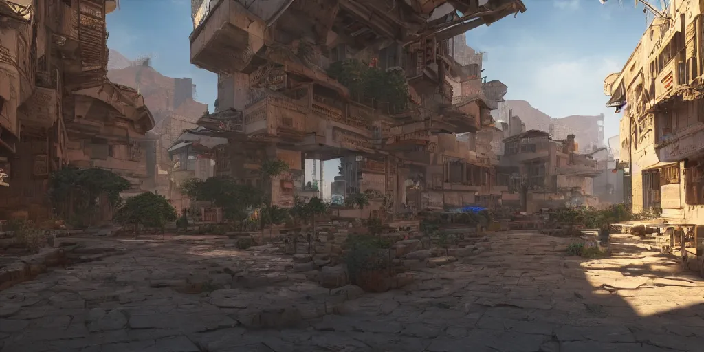 Prompt: a cyberpunk village with nabatean architecture, highly detailed, 4k, 3D render, unreal engine 5, raytracing, HDR, award winning