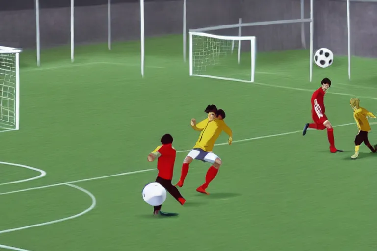 Image similar to anime soccer player scores goal with volley kick, hyperrealism